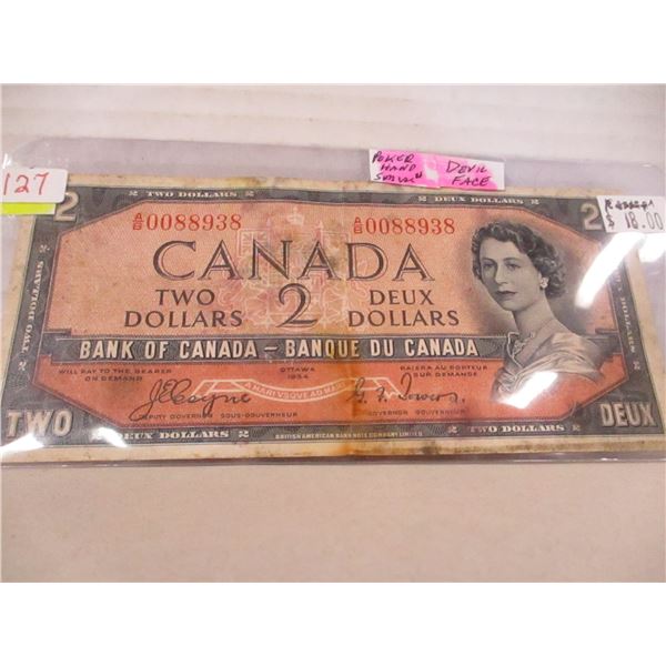 1954 POKER HAND SERIAL NUMBER (0'S & 8'S) DEVILS FACE CANADA $2 BILL