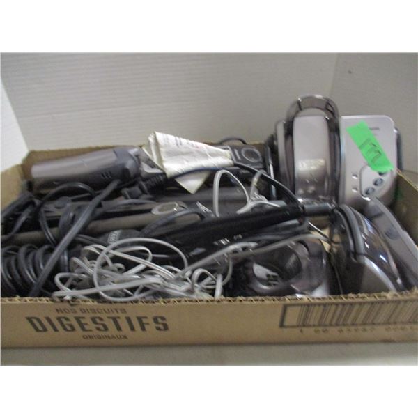 BOX C/W CURLING IRONS, PHONES, ETC