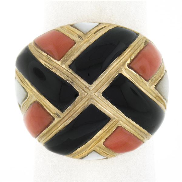 14K Yellow Gold Inlaid Black Onyx, Coral & Mother of Pearl Wide Domed Bombe Ring