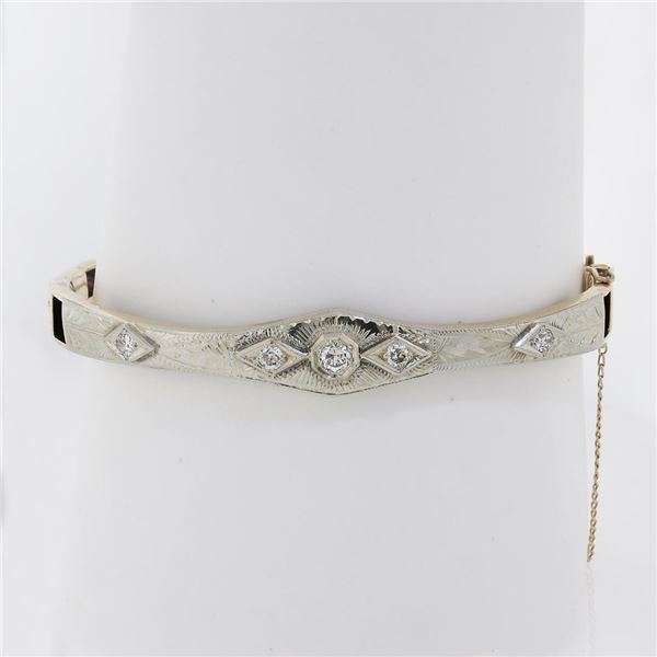 Antique Art Deco 18K TT Gold.37 ctw Diamond Engraved Hinged Open Bangle Bracelet