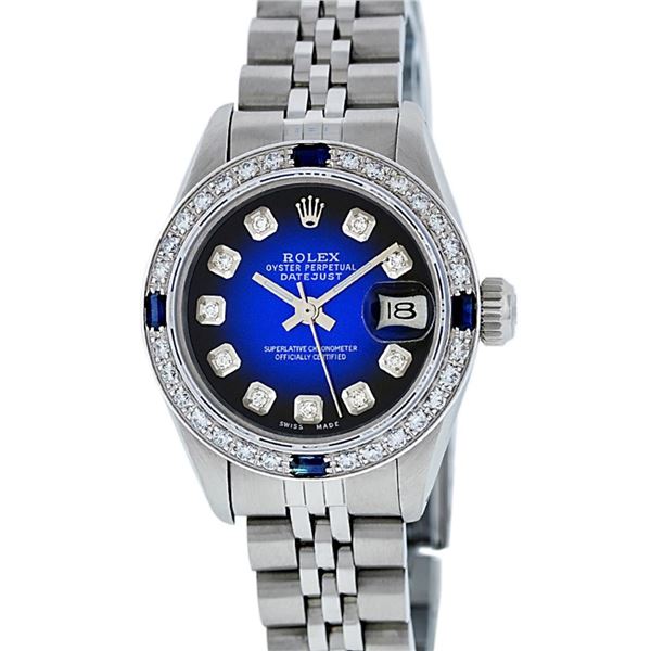 Rolex Ladies Quickset Stainless Steel Blue Vignette Diamond And Sapphire Datejus
