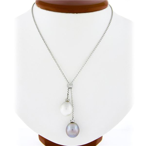 14k White Gold 16 Rolo Link Chain w/ Dual Pearl Drop Dangle Pendant Necklace