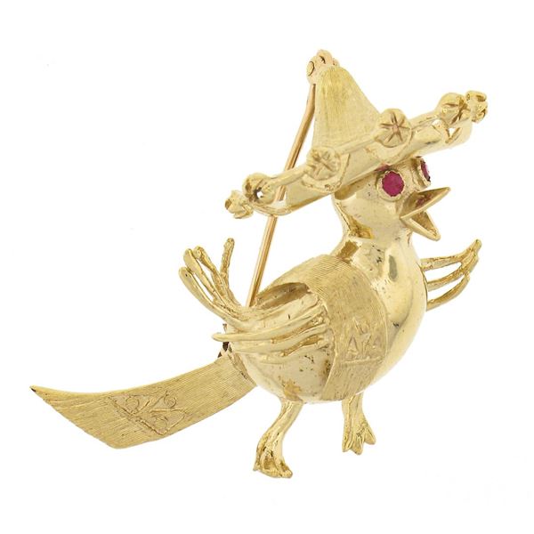 Vintage 14K Gold 3D Detailed Textured Bird with Hat Pin Brooch w/ .04 ctw Ruby