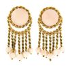 Vintage 18K Gold Angel Skin Coral Button & Rope Frame Round Bead Dangle Earrings
