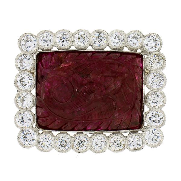 Vintage Platinum Floral Carved Ruby 2.88 ctw Old European Diamond Halo Pin Brooc