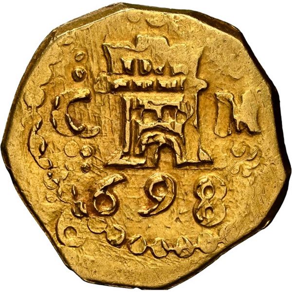 PERU, Cuzco, gold cob 1 escudo, 1698 M, extremely rare, NGC UNC details / rev scratched, ex-Caballer
