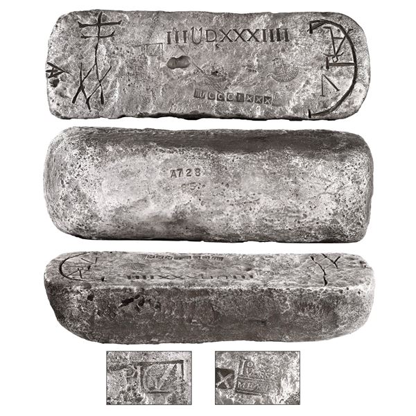 Large silver ingot 728 from Potosí, Class Factor 1.0, 76 lb 10.24 oz troy, marked with mint/date Po1
