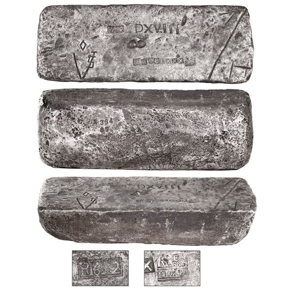 Large silver ingot 364 from Potosí, Class Factor 1.0, 78 lb 8 oz troy, marked with mint/date Po1621,