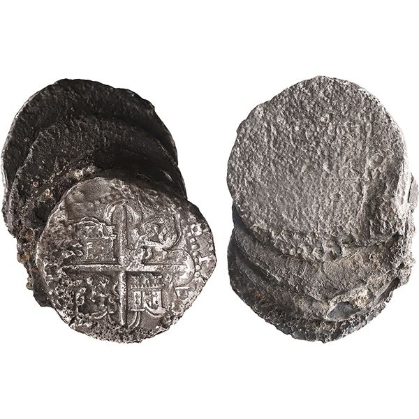 SPAIN, Seville, clump of four cob 8 reales, Philip II, assayer not visible (Gothic D on reverse).