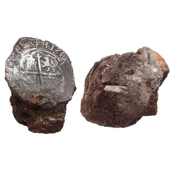 MEXICO, Mexico City, cob 4 reales, Philip II, assayer not visible, on piece of encrustation as found