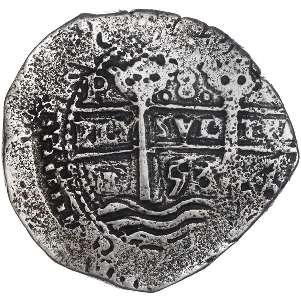 BOLIVIA, Potosí, cob 8 reales, 1653 E, •PH• at top, •pomegranate[x=#8226/