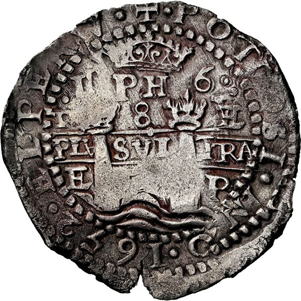 BOLIVIA, Potosí, cob 8 reales, 1652 E, post-transitional (Transitional Type VIII/B), 1-PH-6 at top, 