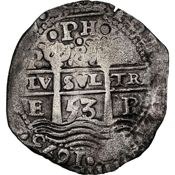 BOLIVIA, Potosí, cob 8 reales, 1653 E, •PH• at top, •:pomegranate:[x=#822