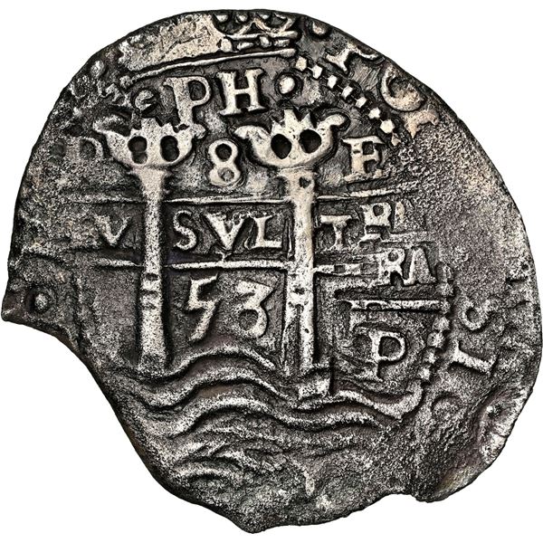 BOLIVIA, Potosí, cob 8 reales, 1653 E, •PH• at top, •pomegranate[x=#8226/