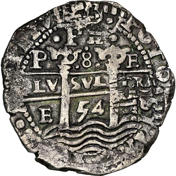 BOLIVIA, Potosí, cob 8 reales, 1654 E, •PH• at top, •pomegranate[x=#8226/