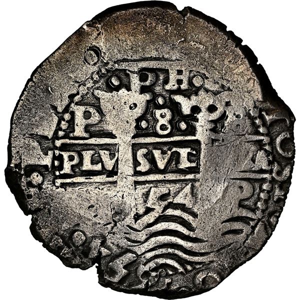 BOLIVIA, Potosí, cob 8 reales, 1654 E, •PH• at top, •pomegranate[x=#8226/