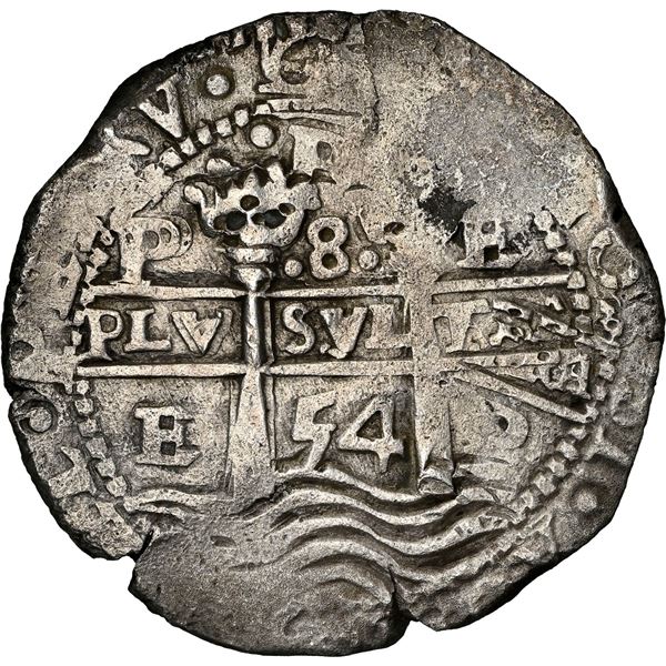 BOLIVIA, Potosí, cob 8 reales, 1654 E, •PH• at top, •pomegranate[x=#8226/