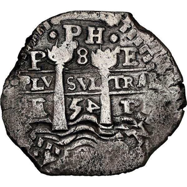 BOLIVIA, Potosí, cob 8 reales, 1654 E, retrograde 4 in date above waves, •PH• at t