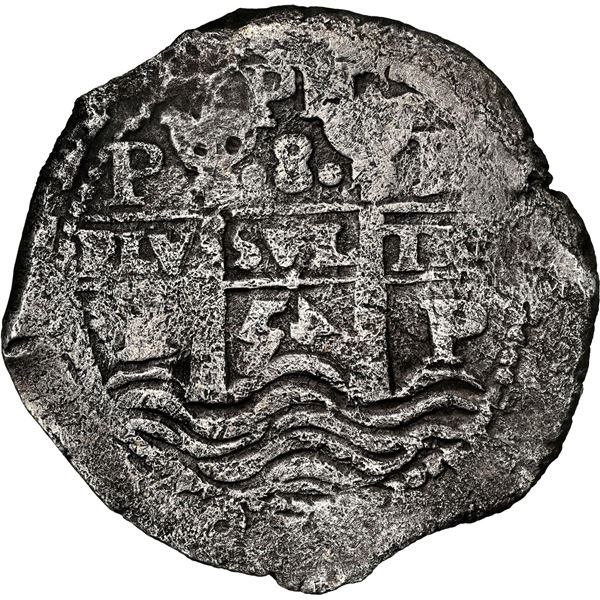 BOLIVIA, Potosí, cob 8 reales, 1654 E, retrograde 4 in date above waves, PH at top, •8[x=#8