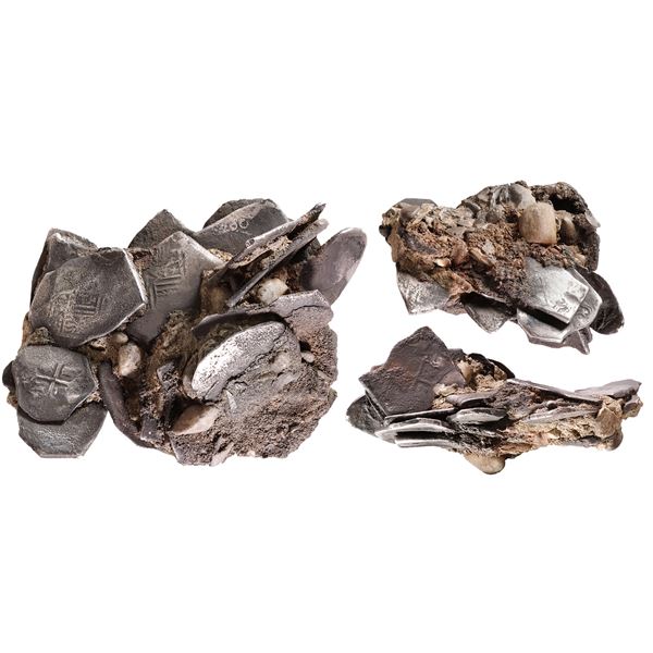 MEXICO, Mexico City, large clump of at least twenty cob 8R and 4R, Philip IV or Charles II, assayers