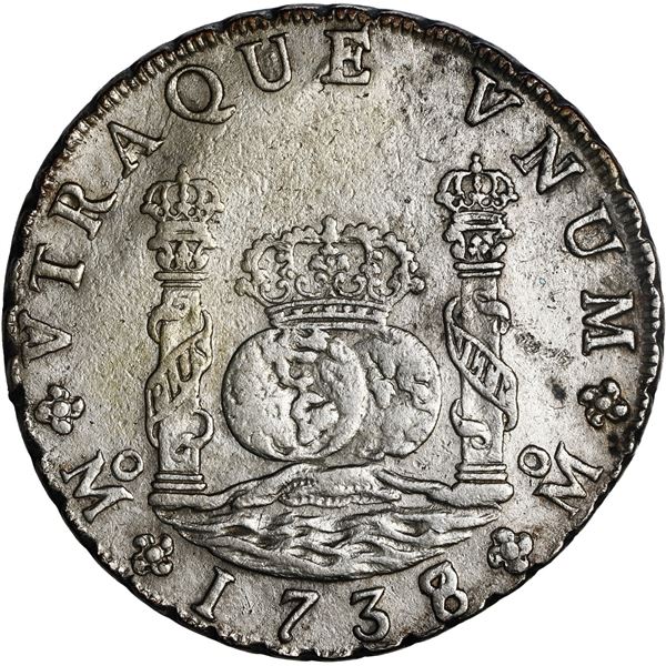 MEXICO, Mexico City, pillar 8 reales, Philip V, 1738/7 MF, rare, ex-Brameld, ex-Lane.