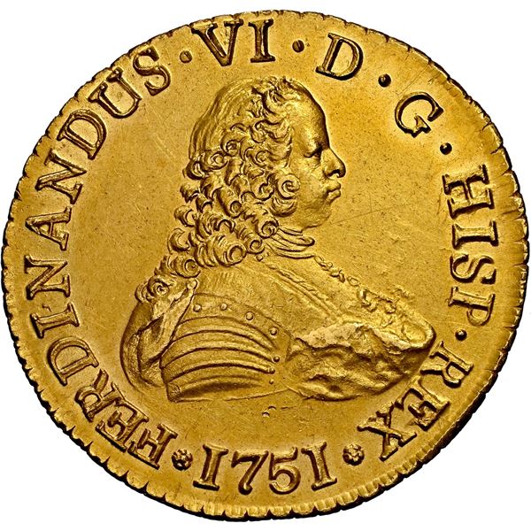 CHILE, Santiago, gold bust 8 escudos, Ferdinand VI, 1751 J, NGC UNC details / obv scratched (Shipwre