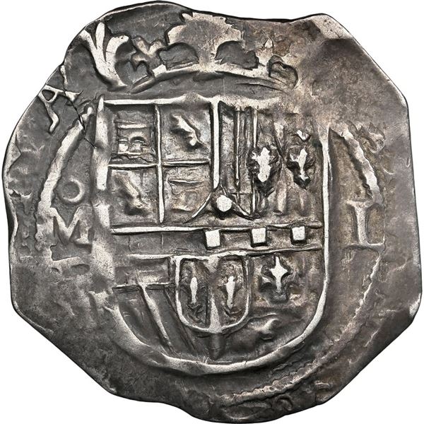 MEXICO, Mexico City, cob 1 real, Philip III, assayer F (pre-dated type), reverse struck from a ½-rea