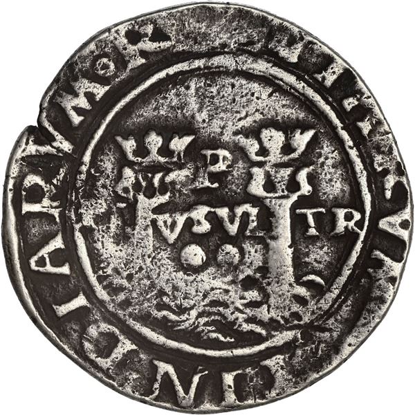 PERU, Lima, 2 reales, Philip II, assayer R (Rincón) to left, motto PL-VSVL-T above denomination.