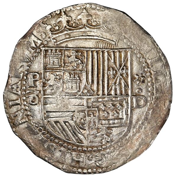 PERU, Lima, cob 8 reales, Philip II, assayer Diego de la Torre, P-8 (flat top) to left, *-oD to righ