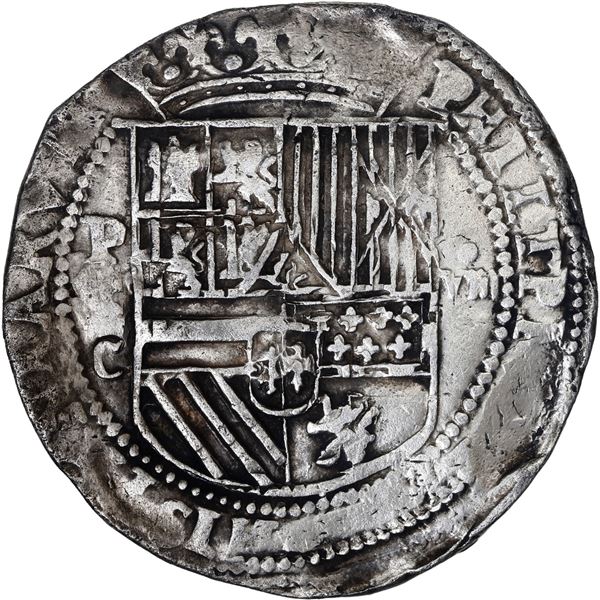 BOLIVIA, Potosí, cob 8 reales, Philip II, assayer C below erased B or B/L, rare.