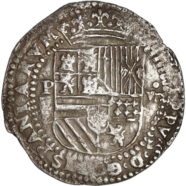 BOLIVIA, Potosí, cob 8 reales, Philip II, assayer C or B/C below erased B or B/L, rare.