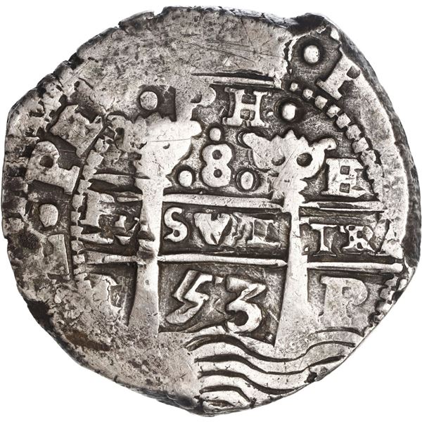 BOLIVIA, Potosí, cob 8 reales, 1653 E, •PH• at top, •pomegranate[x=#8226/