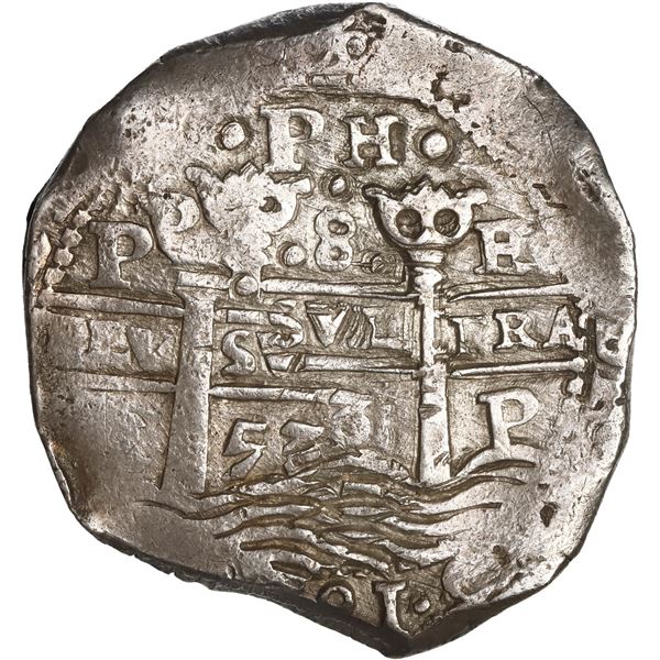 BOLIVIA, Potosí, cob 8 reales, 1653 E, •PH• at top, •pomegranate[x=#8226/