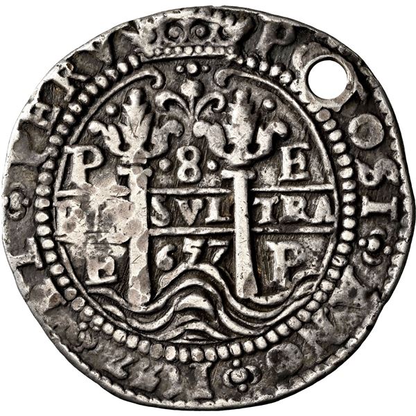 BOLIVIA, Potosí, cob 8 reales Royal (galano), 1657 E, 657 between pillars, 57 below cross, pomegrana