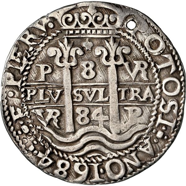 BOLIVIA, Potosí, cob 8 reales Royal (galano), 1684 VR, NGC AU details / holed.
