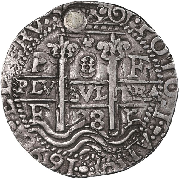 BOLIVIA, Potosí, cob 8 reales Royal (galano), 1698 F, rare, PCGS XF details / plugged.