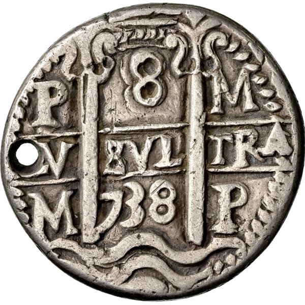 BOLIVIA, Potosí, cob 8 reales Royal (galano), 1738 M, rare, NGC XF details / holed, Lázaro Plate.