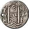 Image 1 : BOLIVIA, Potosí, cob 8 reales Royal (galano), 1738 M, rare, NGC XF details / holed, Lázaro Plate.