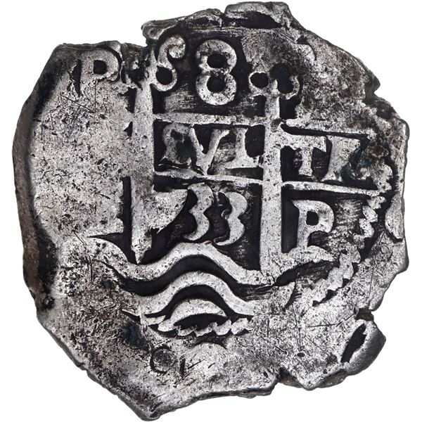 BOLIVIA, Potosí, cob 8 reales, 1733 E, retrograde E to right of cross, rare, ex-Calbetó (Plate).
