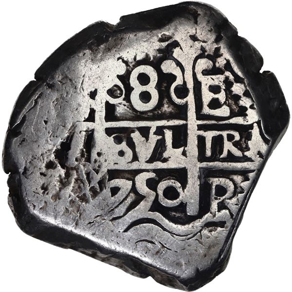 BOLIVIA, Potosí, cob 8 reales, 1750 E, with Guatemala sun-over-mountains countermark (Type II, 1839)