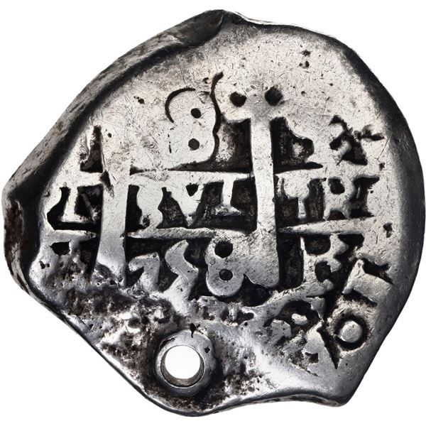 BOLIVIA, Potosí, cob 8 reales, 1758 q, with Guatemala sun-over-mountains countermark (Type II, 1839)