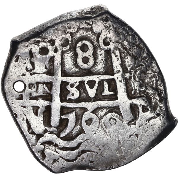 BOLIVIA, Potosí, cob 8 reales, 1760 V-V, with Guatemala sun-over-mountains countermark (Type II, 183