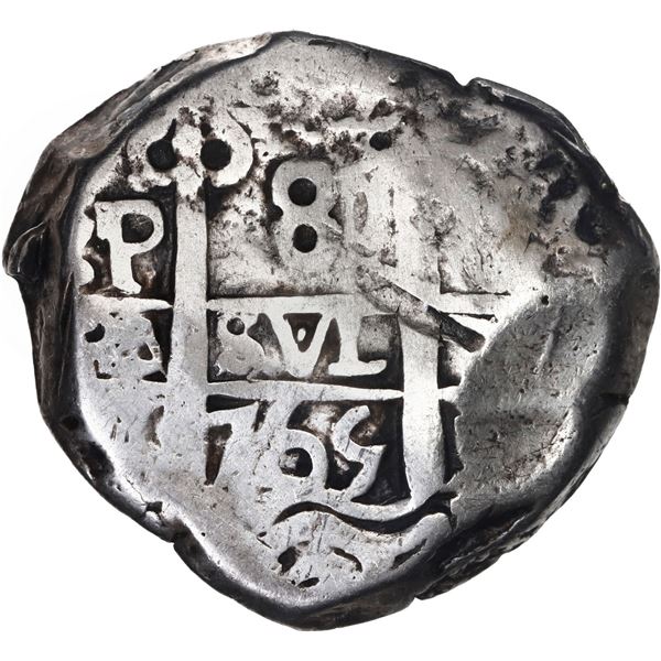 BOLIVIA, Potosí, cob 8 reales, 1765 V-Y-V, with Guatemala sun-over-mountains countermark (Type II, 1
