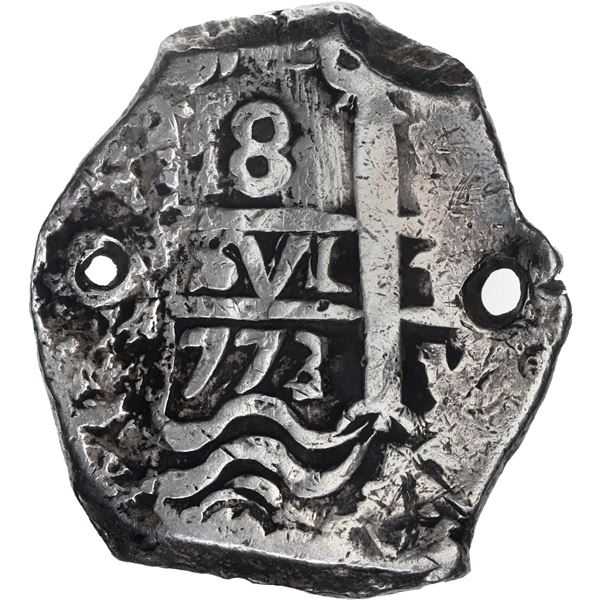 BOLIVIA, Potosí, cob 8 reales, 1773/2 V-Y, V at lower right on pillars side, rare, ex-Calbetó (Plate