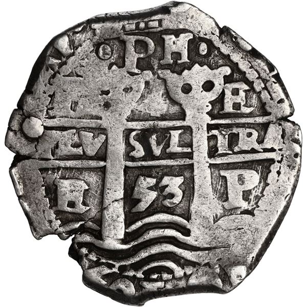 BOLIVIA, Potosí, cob 4 reales, 1653 E, •PH• at top, •pomegranate[x=#8226/