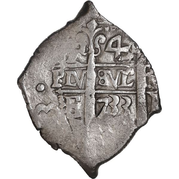 BOLIVIA, Potosí, cob 4 reales, 1733 E, retrograde E to right of cross, very rare, ex-Ponte.