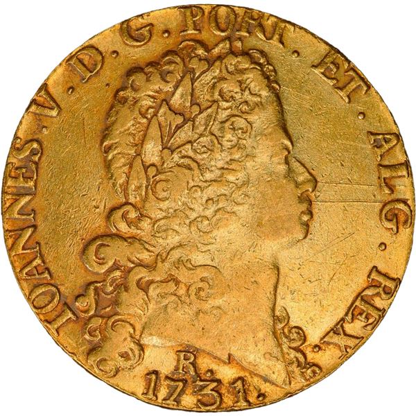 BRAZIL, Rio, gold dobra (12800 reis), João V, 1731-R, first type, PCGS XF details / excessive clippi