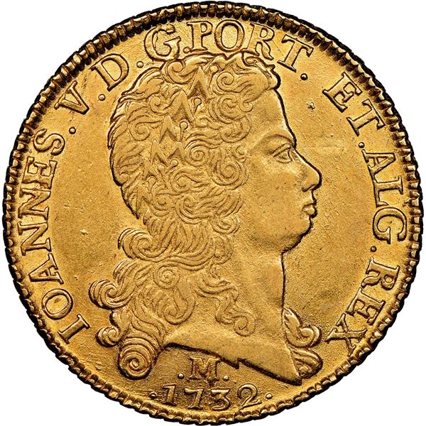 BRAZIL, Minas, gold dobra (12800 reis), João V, 1732-M, NGC AU 58.