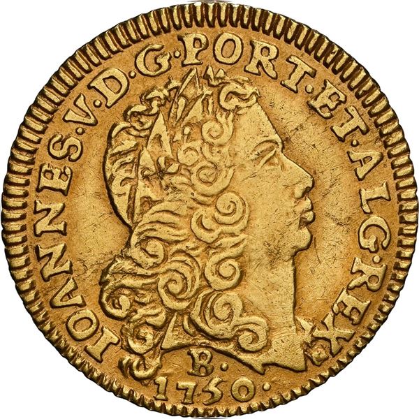 BRAZIL, Bahia, gold 3200 reis, João V, 1750-B, very rare, NGC AU details / engraved.
