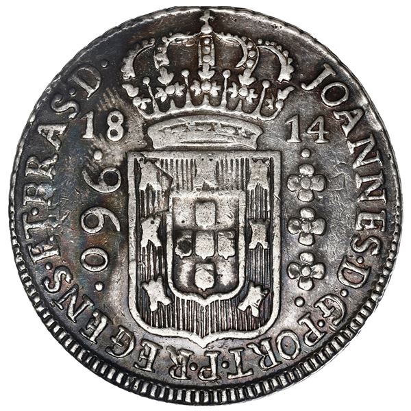 BRAZIL, Bahia, 960 reis, João, Prince Regent, 1814-B, struck over a Spanish colonial bust 8 reales o